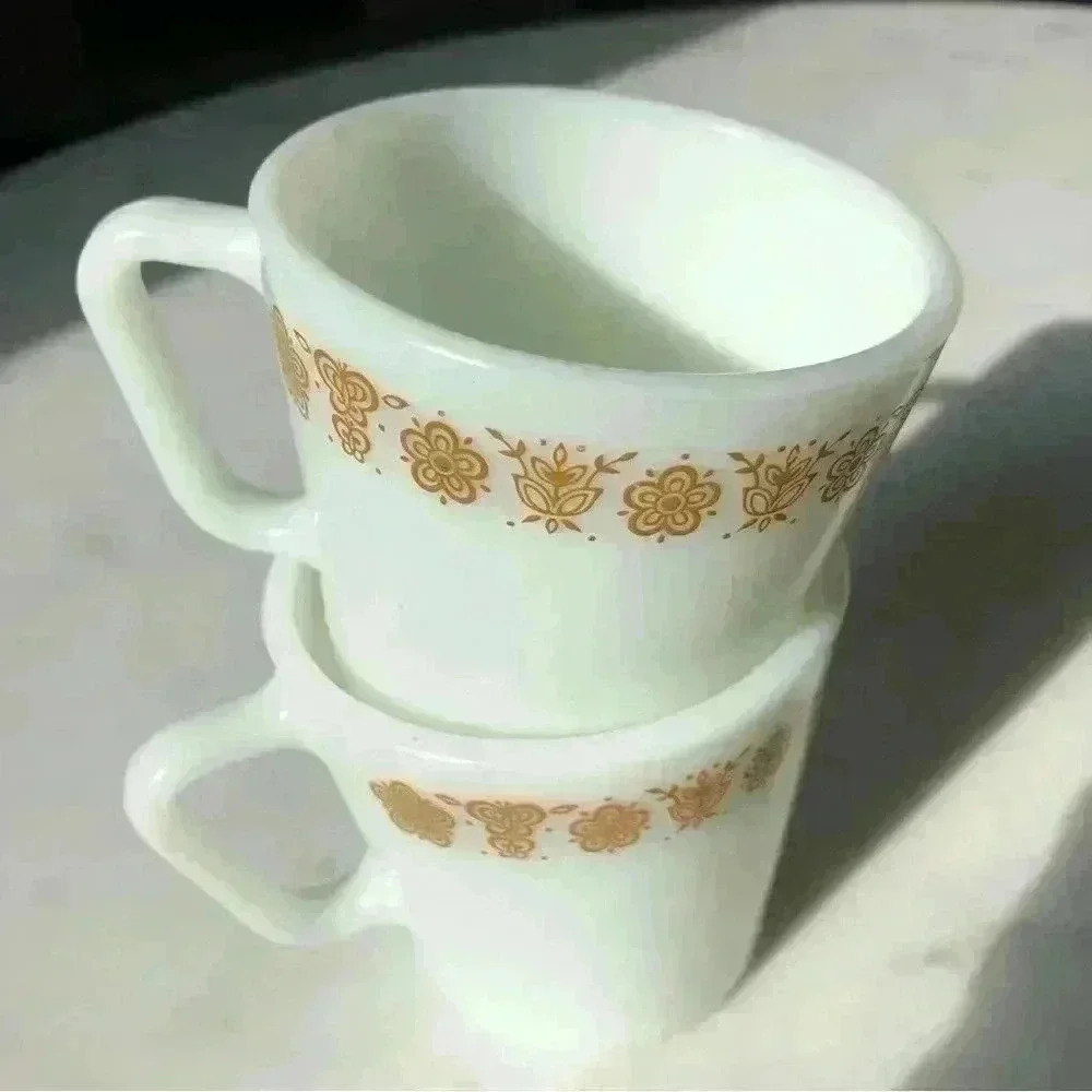 Set of 2 Pyrex Butterfly Gold milk glass mugs with D handles